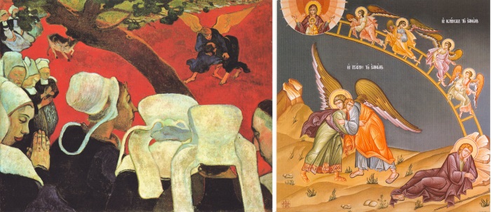 Paul Gauguin (1888), “Vision after the Sermon (Jacob Wrestles with the Angel)” and Icon from Holy Hesychasterion of John the Evangelist and Theologian in Souroti, Thessaloniki