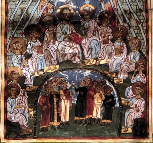Later icon of Pentecost with the door opened to the stranger and foreigner outside the Church