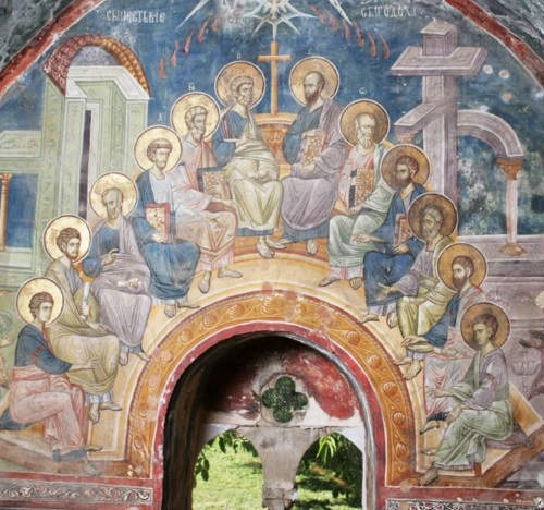 Later icon of Pentecost with the door opened to nature outside the Church