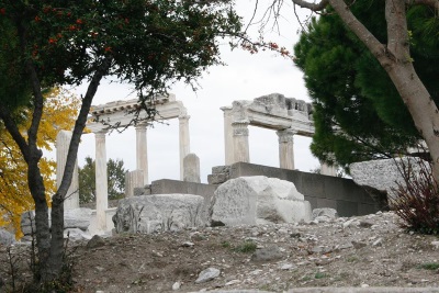 Temple ruins on the acropolis at Pergamon, Turkey, period of Hadrian II, 125-128 BC