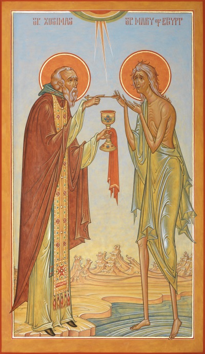 St. Mary of Egypt receiving the Holy Eucharist from St. Zosimas by Fr. Silouan Justiniano